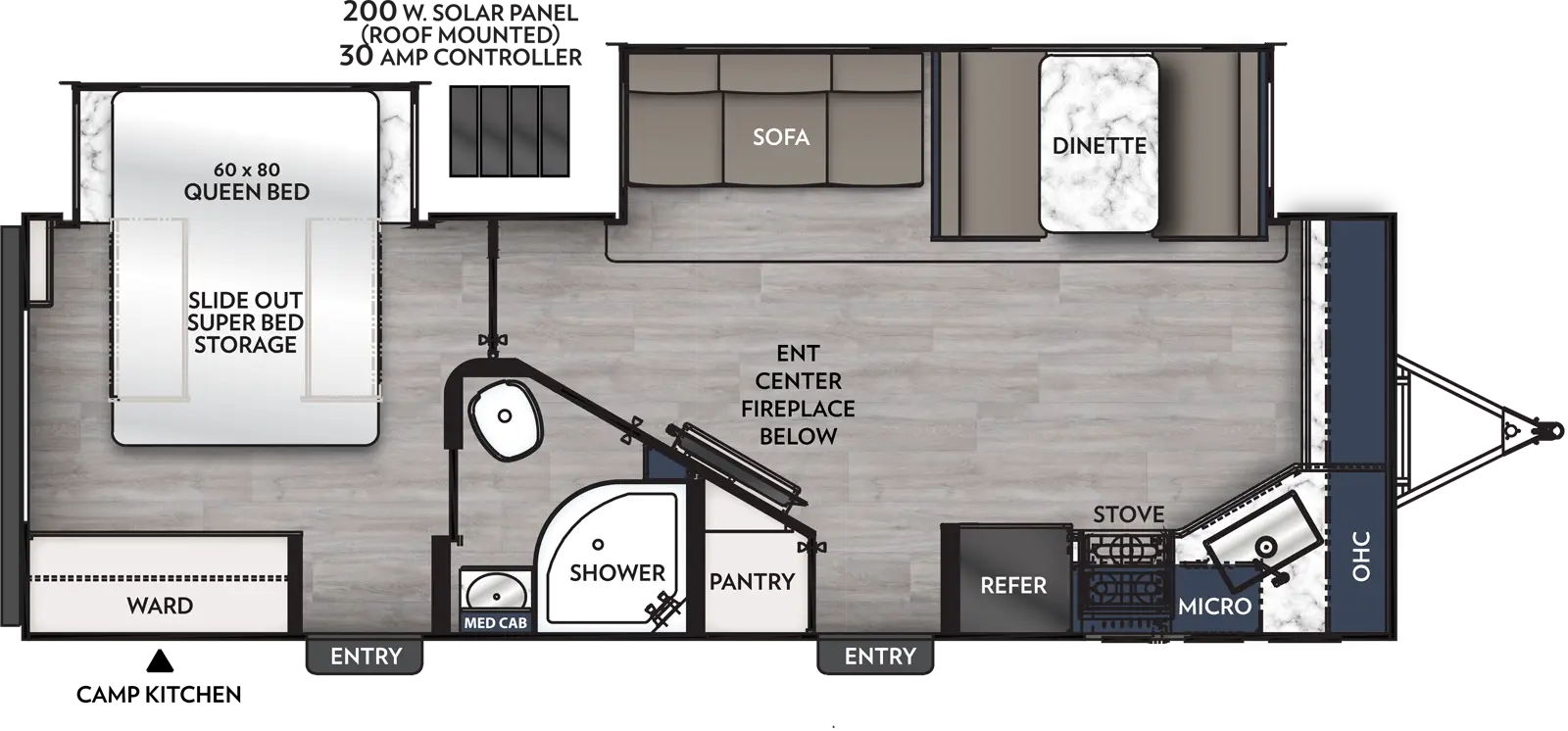 The 243FKS has two slideouts and two entries. Exterior length is 29 foot 5 inches. Interior layout front to back: front kitchen countertop wraps to door side with overhead cabinet, sink, microwave, stove and refrigerator; off-door side slideout with dinette and sofa; door side entry, pantry and angled entertainment center with fireplace below; door side pass through full bathroom with medicine cabinet; rear bedroom with off-door side queen bed slideout with slidout super bed storage, wardrobe and second entry.